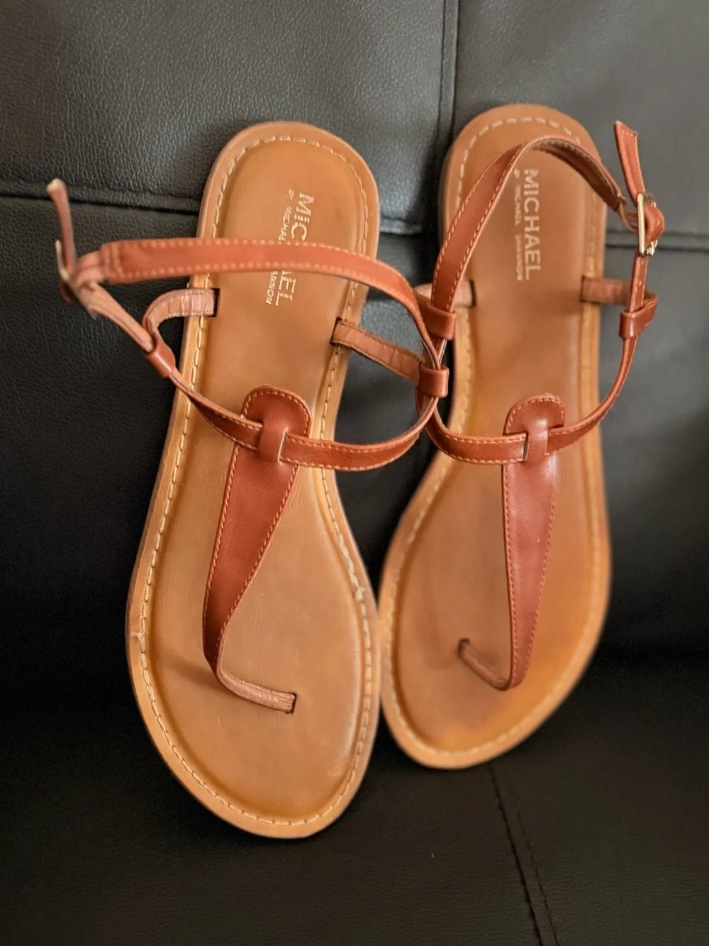 MICHAEL SHANNON Women’s Brown Leather T-Strap Sandals SIZE 11